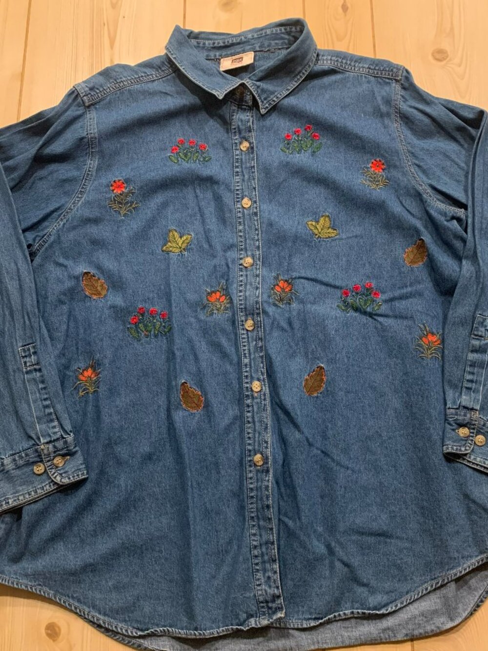 Vintage Faded Glory Woman Floral Spring Autumn Fall Button-Down Denim Shirt 2X